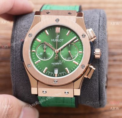 New Swiss Replica Hublot Watches Hublot Classic Fusion Chronograph King Watches in 42 mm Green Gummy strap